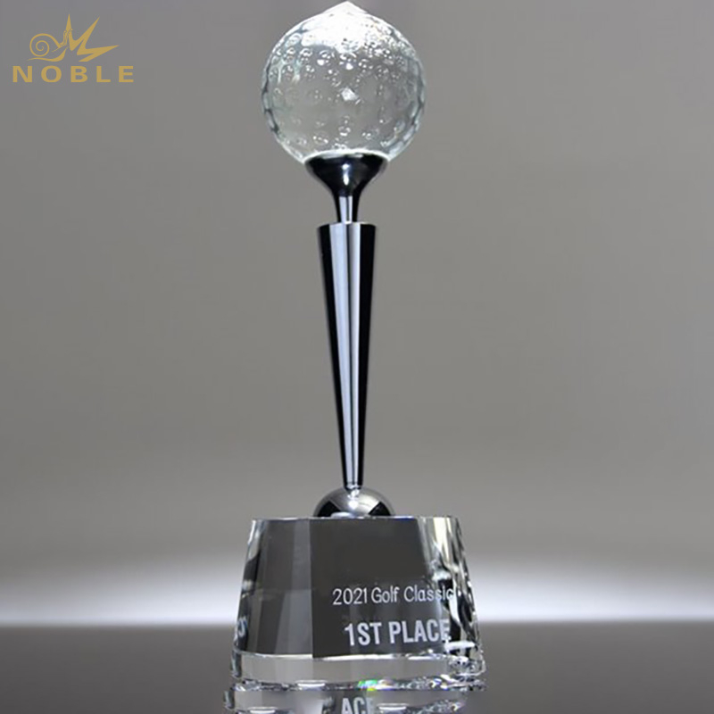 Noble Round Crystal Face And Crystal Golf Ball & Tee Mounted on Black Crystal Base Golf Trophy Award