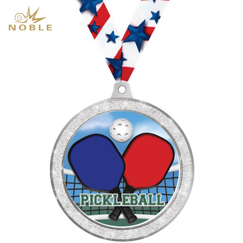 Silver Glitter Metal Insert Pickleball Medal