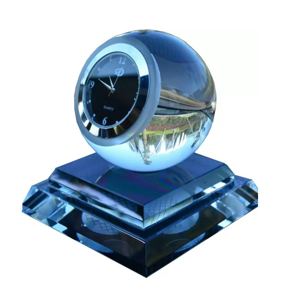 Noble Manufacturer Crystal Glass Clock Business Gift Customized Bespoke Logo Office Decoration Trophy Award Hand Craft Ball Tabletop clock