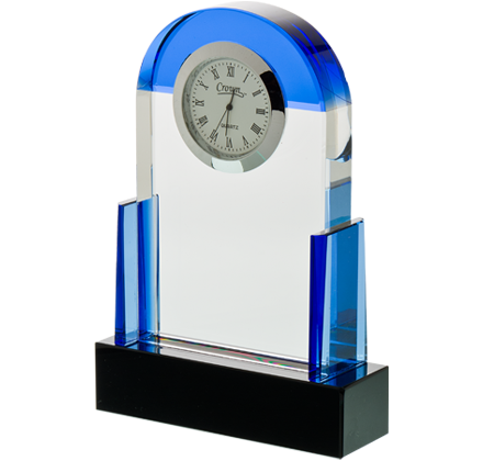 Noble Manufacturer Blue Crystal Glass Clock Business Gift Customized Bespoke Logo Office Decoration Trophy Award Hand Craft Tabletop clock