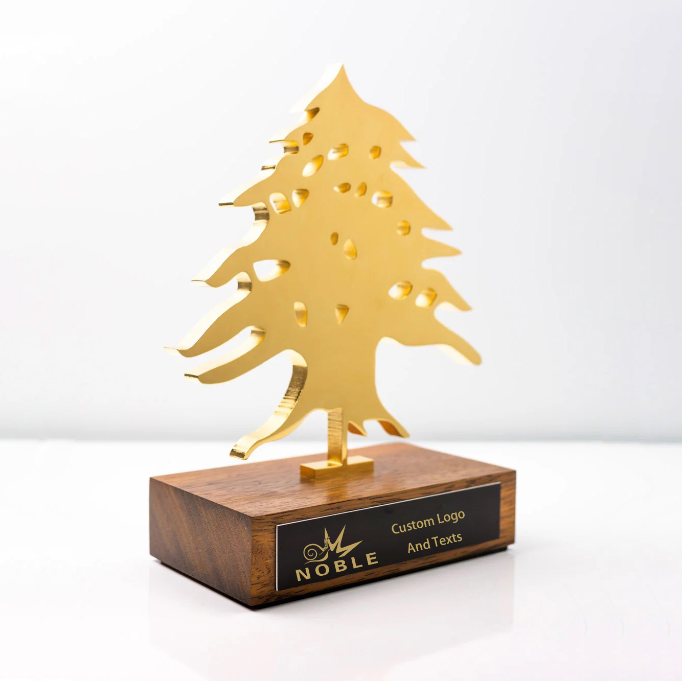High Quality Custom Cut Gold Silver Metal Aluminum Tree With Wood Base Custom Bespoke Logo Business Gift Craft Trophy Awards