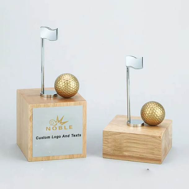 Noble High Quality Gold Metal Golf Ball Flag With Wood Base Business Gift Sports Awards Custom Bespoke Logo Golf A Hole in One Trophy