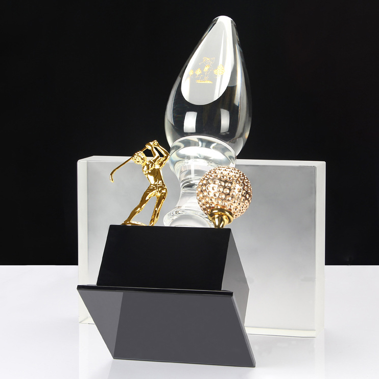 Noble K9 Crystal With Metal Figure Ball Business Gift Sports Awards Custom Bespoke Logo Golf A Hole in One Trophy Hand Craft