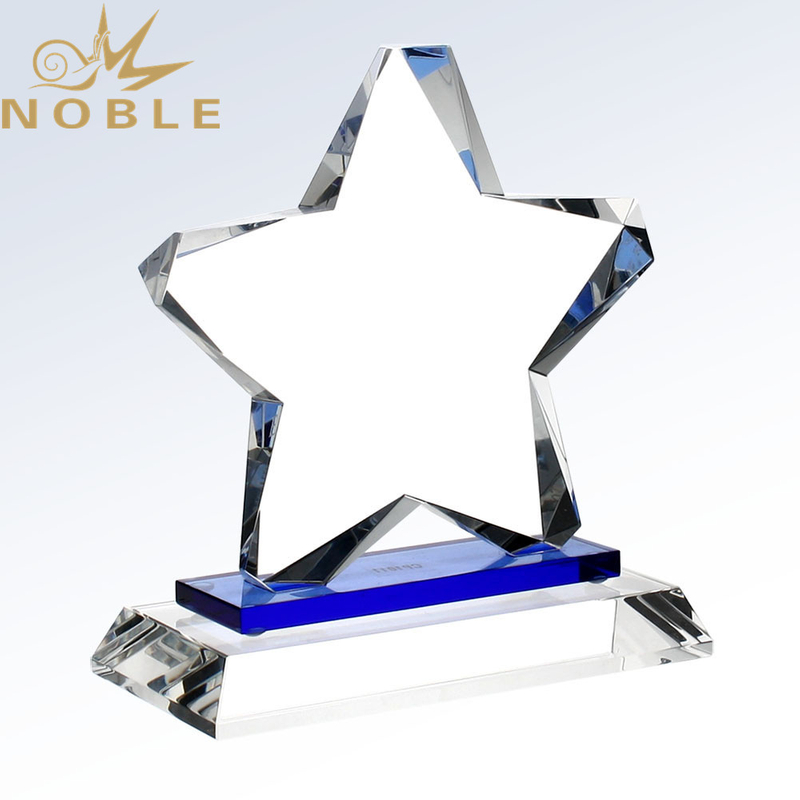 Custom Design Free Engraving Crystal Star Trophy with Blue Plate 
