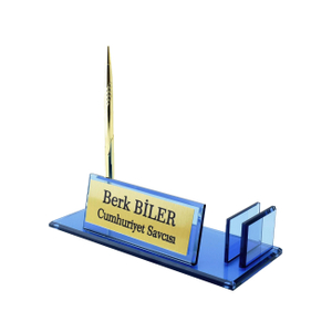 Noble Blue Glass Pen Holder With Metal Plate Custom Bespoke Logo Promotional Business Gift Office Desk Decoration Hand Craft