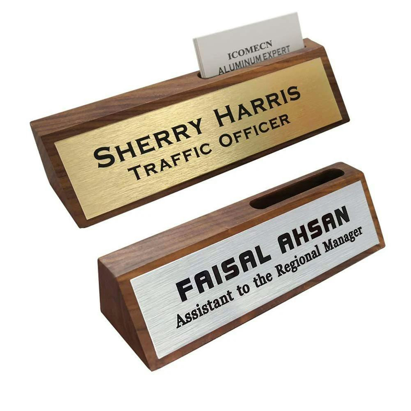 Noble Walnut Desk Name Plate With Metal Plate Custom Bespoke Logo Promotional Business Gift Office Desk Decoration Hand Craft