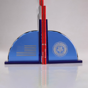 Noble Manufacturer Transparent Blue Crystal Glass Achievement Custom Bespoke Logo Business School Office Desk Gift Hand Craft Bookend