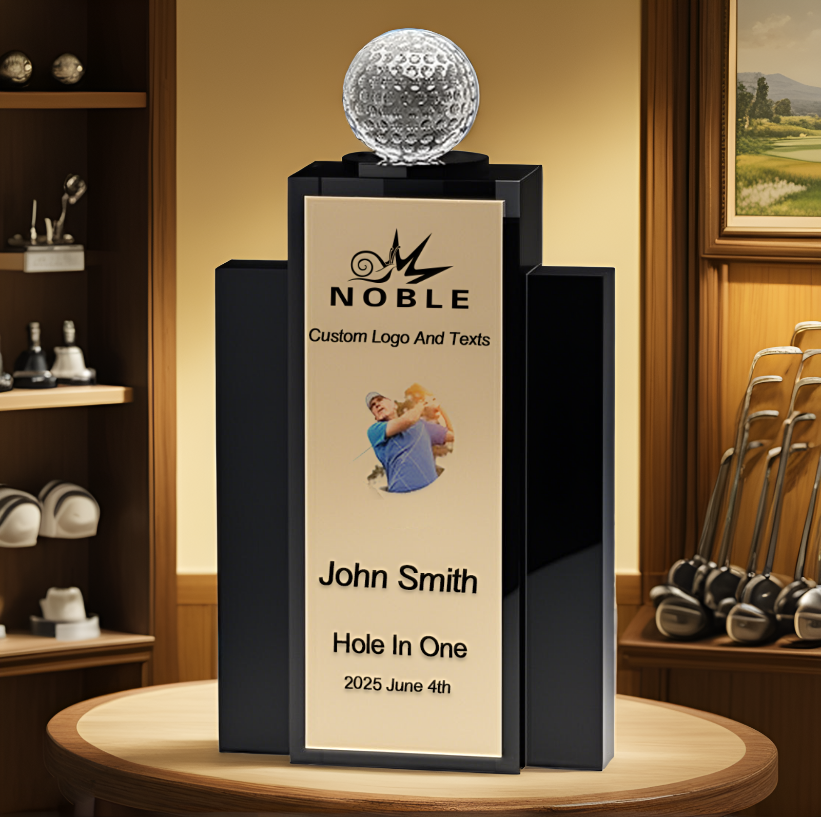 Noble High Quality Crystal Cube Golf Ball Golfer Sports Awards Custom Bespoke Logo Golf A Hole in One Trophy Awards