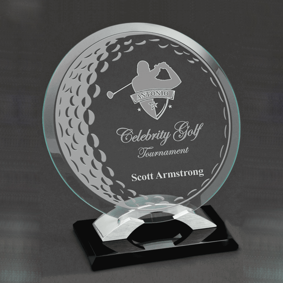 Noble High Quality Round Crystal Glass Business Gift Sports Awards Custom Bespoke Logo Golf A Hole in One Metal Base Trophy Hand Craft