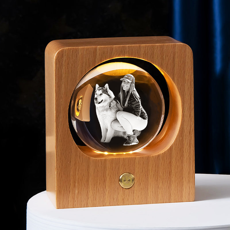 Noble Crystal Ball With 3D Laser Engraving Picture Inside With LED Wood Frame Pet Gift