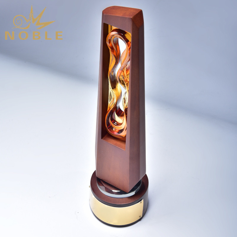 Hand Blown Glass Award Solid Wood Wooden Trophy