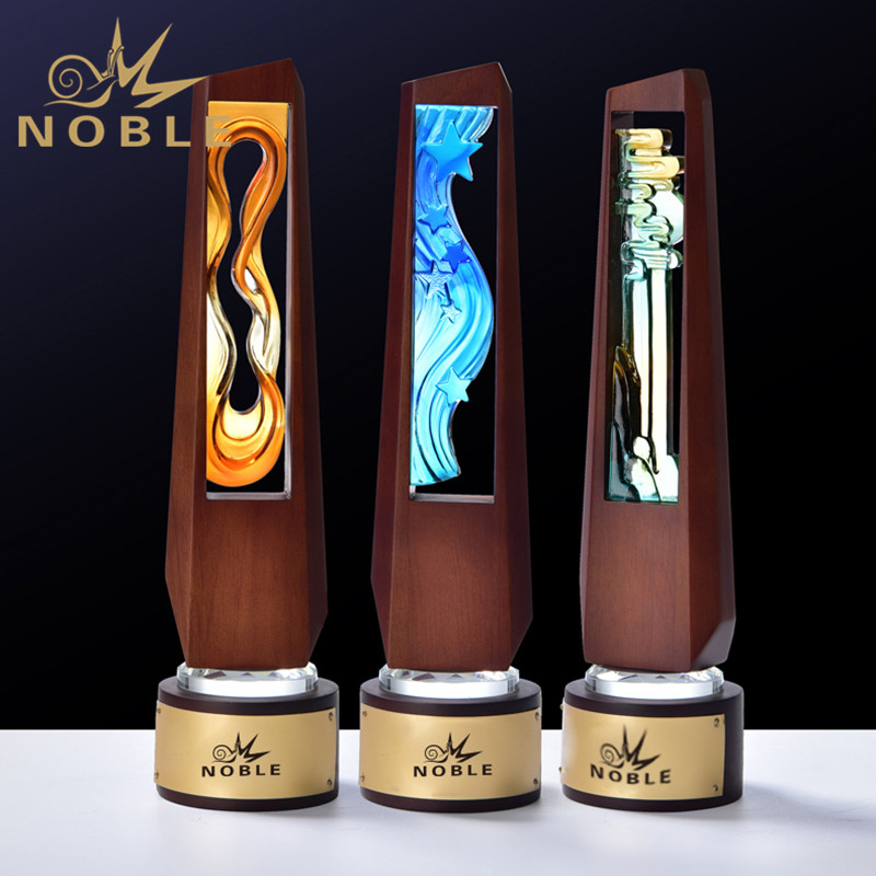 Hand Blown Glass Award Solid Wood Wooden Trophy